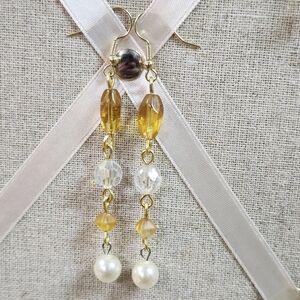 Elegant Gold and White Glass Bead Dangle Earrings